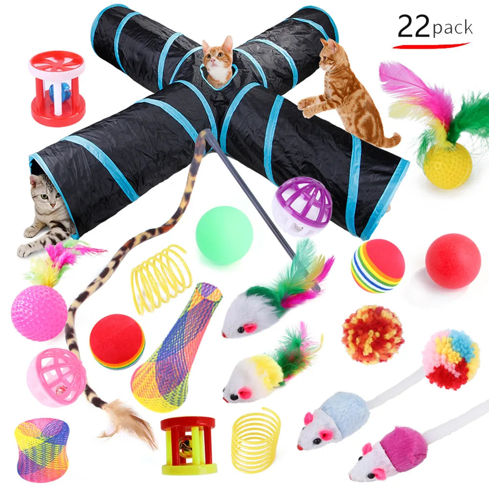 22-Pack Cat Toy Combo Set – Interactive Toys, Sisal Stick, Mouse, Bell Ball & Tunnel