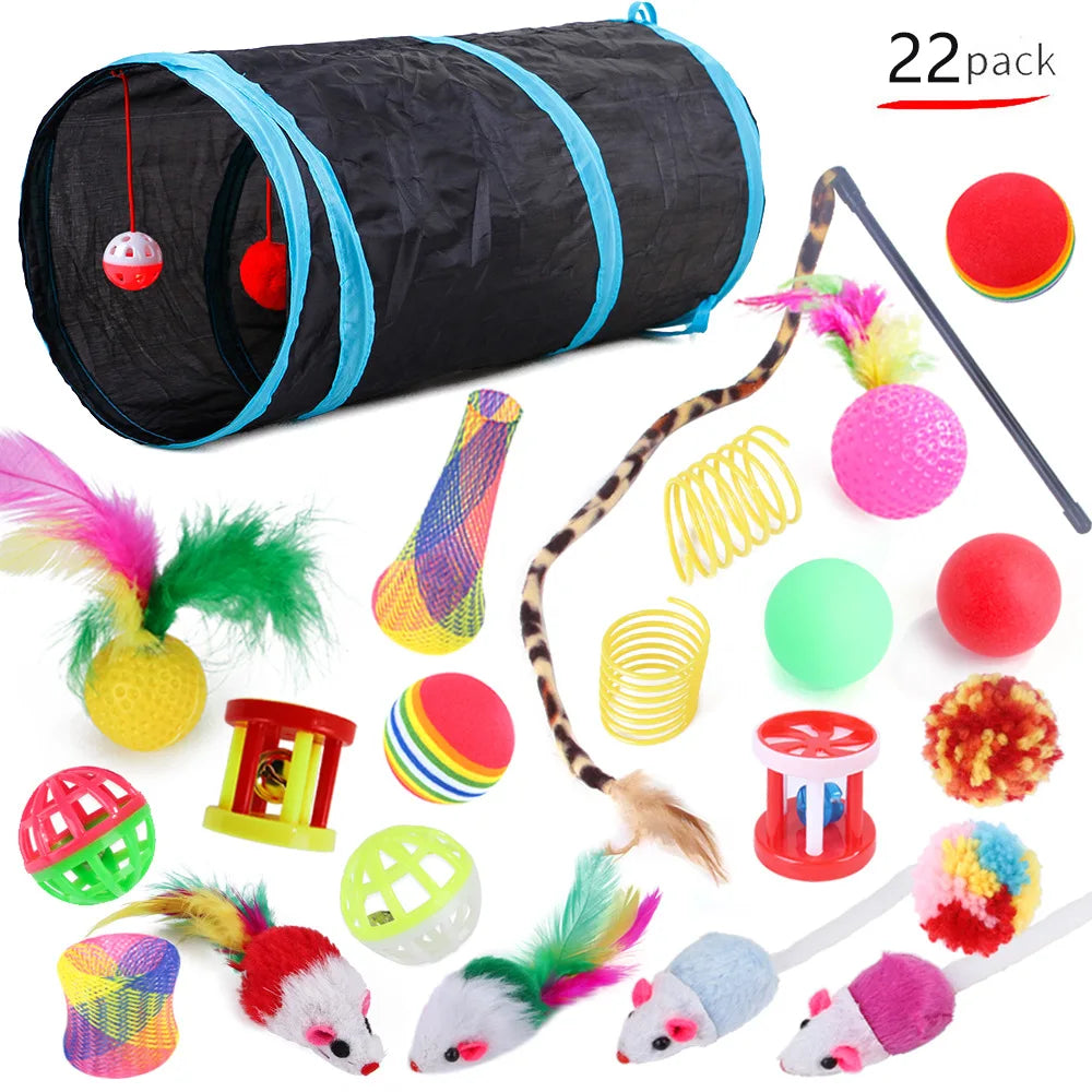 22-Pack Cat Toy Combo Set – Interactive Toys, Sisal Stick, Mouse, Bell Ball & Tunnel