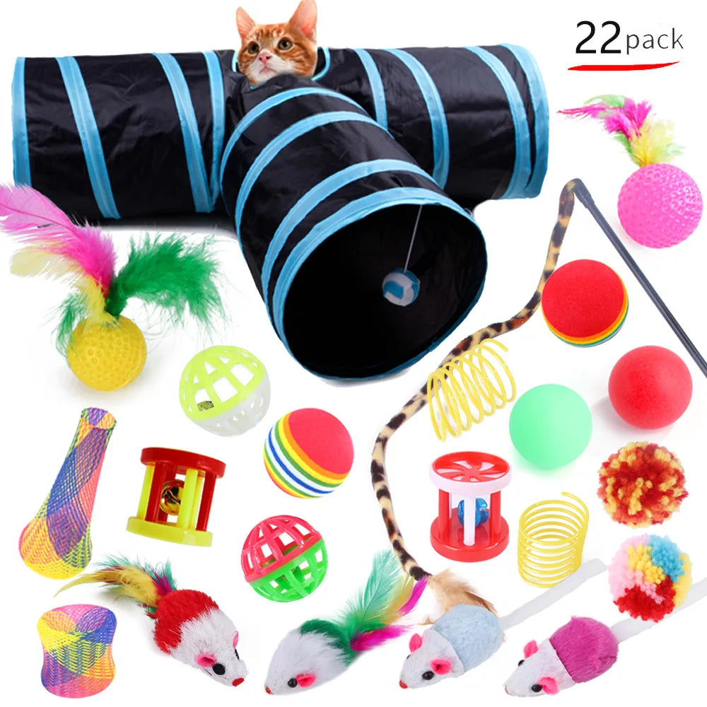 22-Pack Cat Toy Combo Set – Interactive Toys, Sisal Stick, Mouse, Bell Ball & Tunnel