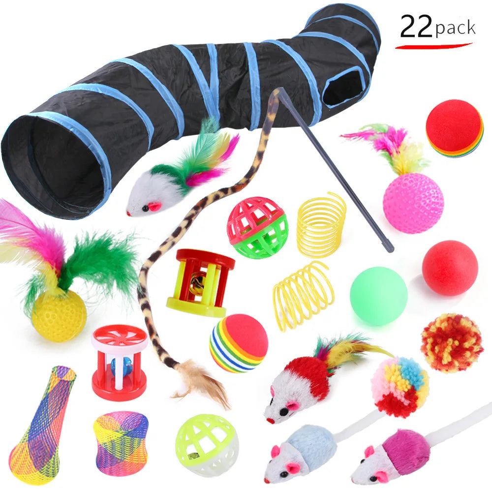 22-Pack Cat Toy Combo Set – Interactive Toys, Sisal Stick, Mouse, Bell Ball & Tunnel