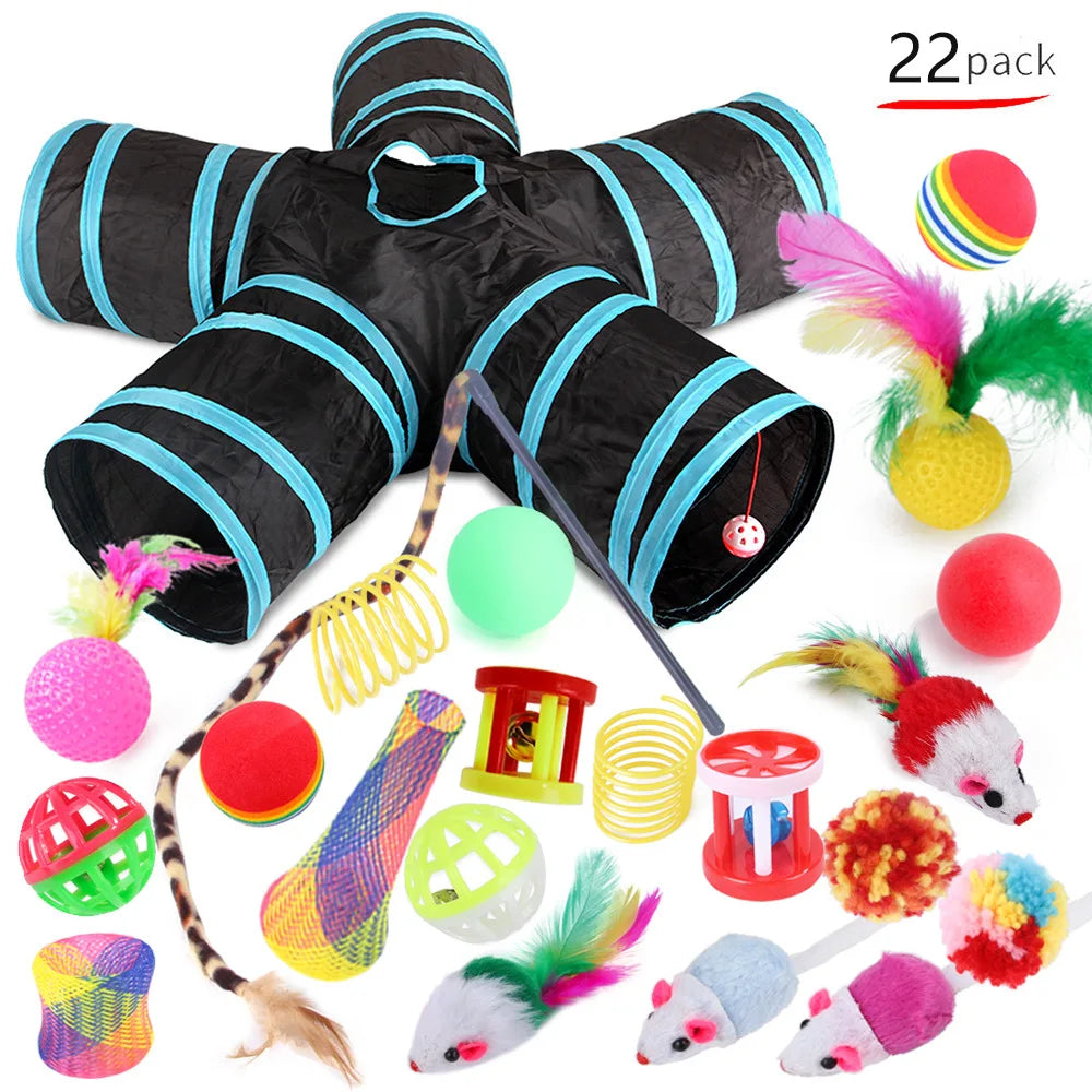 22-Pack Cat Toy Combo Set – Interactive Toys, Sisal Stick, Mouse, Bell Ball & Tunnel