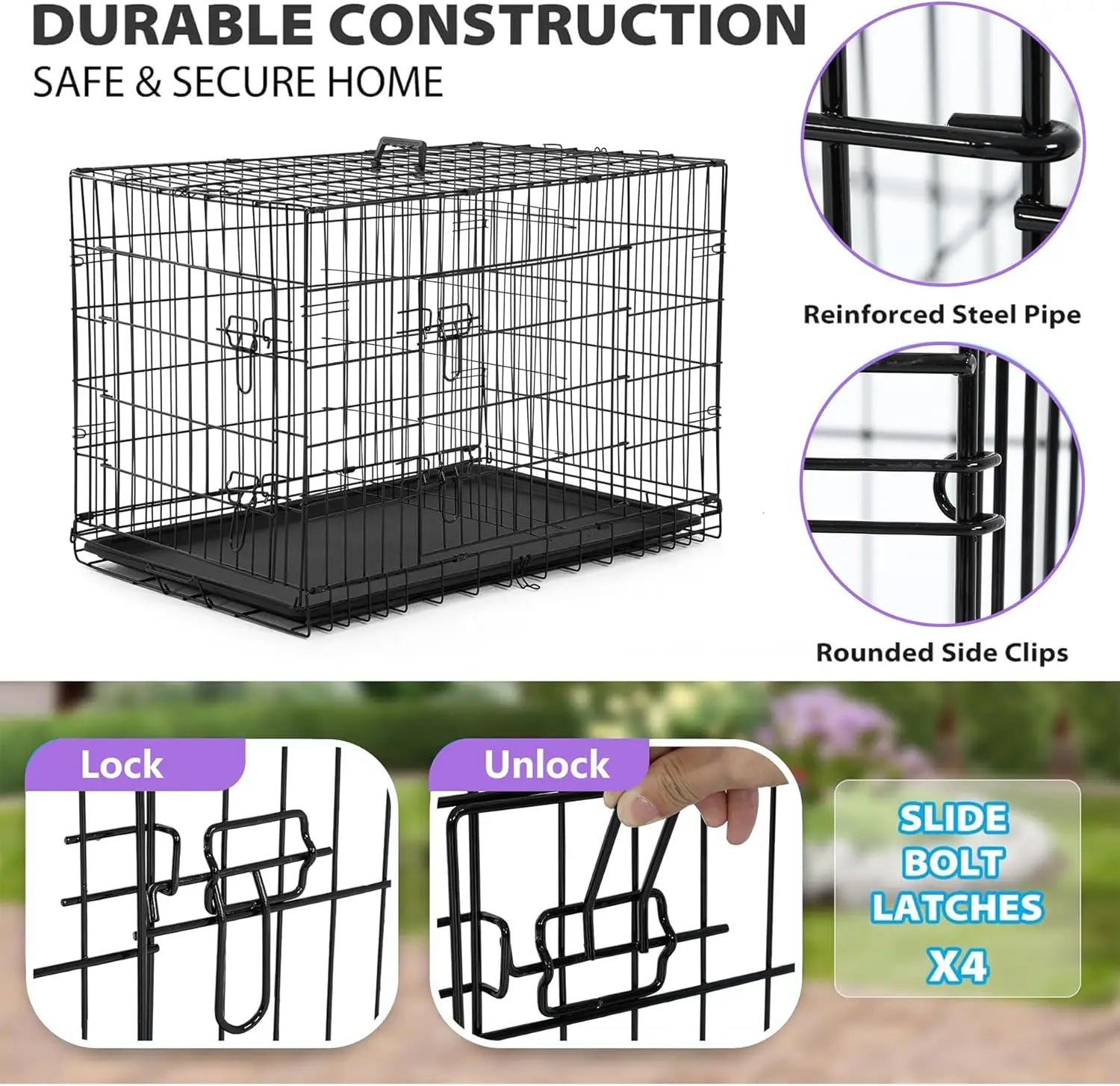 BestPet 48" Foldable Metal Dog Crate – Double Doors, Secure Latches & Leakproof Tray